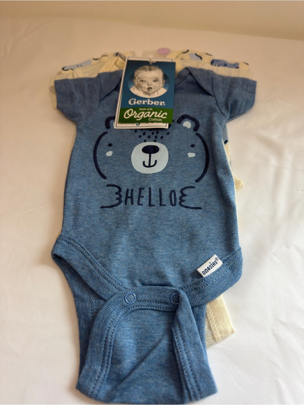 Gerber Baby Boy 3-piece Blue Teddy ORGANIC Onesies Size Preemie